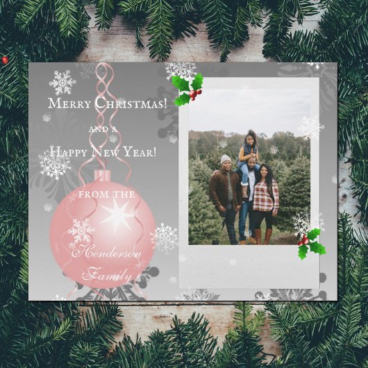 ピンクファンシーのクリスマスオーナメントホリデーフォトカード シーズンカード