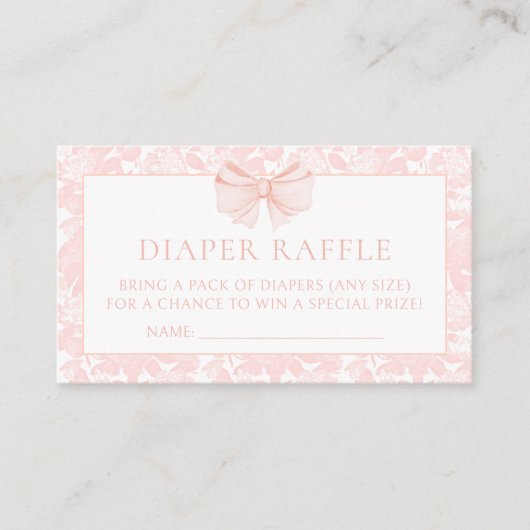 ピンクファンシーの弓のベビーガールシャワーおむつシャワーおむつ エンクロージャーカード (正面)
