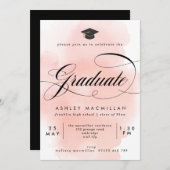 ピンクファンシーの水彩画卒業パーティー 招待状 (正面/裏面)