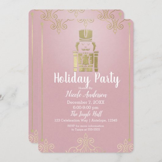 ピンクファンシーエレガント&金ゴールドくるみ割りカーホリデーパーティー 招待状 (正面/裏面)