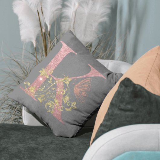 ピンクファンシーグリッター文字K クッション