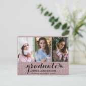 ピンクファンシーグリッター3フォト卒業招待状 ポストカード (スタンド正面)