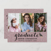 ピンクファンシーグリッター3フォト卒業招待状 ポストカード (正面/裏面)