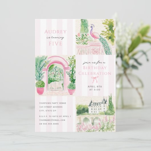 ピンクファンシーシャトーストライプ誕生日パーティー 招待状 (スタンド正面)