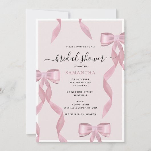 ピンクファンシーボウテーマガーリーブライダルシャワー 招待状 (正面)