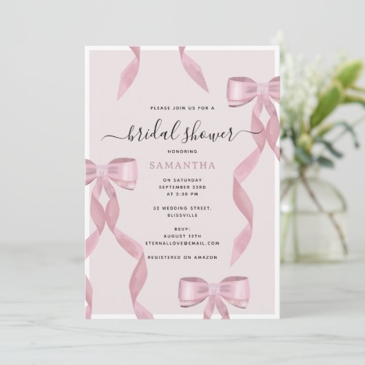 ピンクファンシーボウテーマガーリーブライダルシャワー 招待状 (スタンド正面)