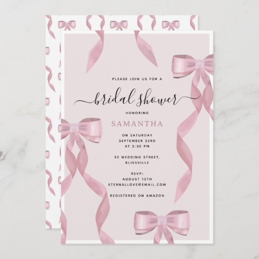 ピンクファンシーボウテーマガーリーブライダルシャワー 招待状 (正面/裏面)
