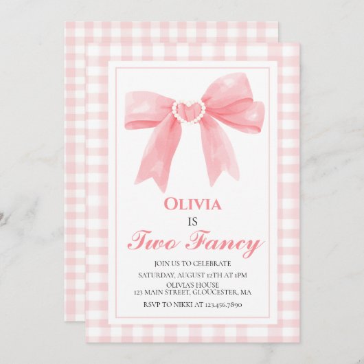 ピンクファンシーボウ名門私立校風のコケット2歳 招待状 (正面/裏面)