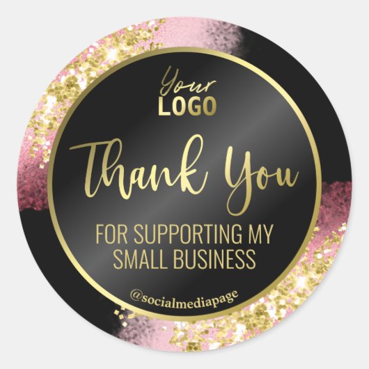 ピンクファンシー金ゴールドグリッターブラックサンキューロゴ ラウンドシール (正面)