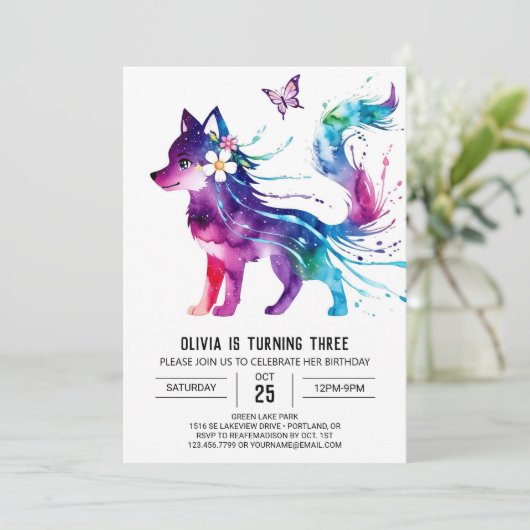 ピンクファンタジーウルフデジタルガール誕生日 招待状 (スタンド正面)