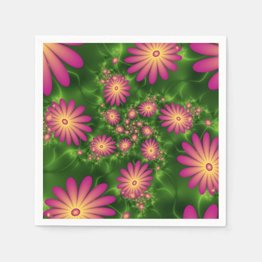 ピンクファンタジー花モダン抽象芸術フラクタル スタンダードカクテルナプキン (正面)