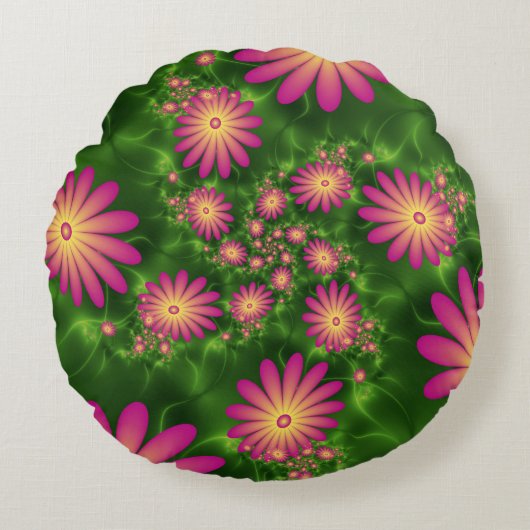 ピンクファンタジー花モダン抽象芸術フラクタル ラウンドクッション (正面)