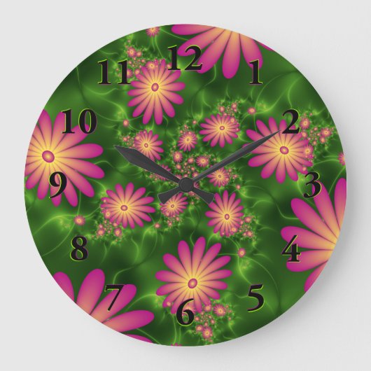 ピンクファンタジー花モダン抽象芸術フラクタル ラージ壁時計 (正面)