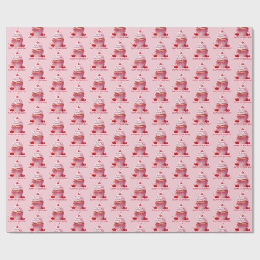 ピンクファーストさくらんぼ&カップケーキバースデーパーティー ラッピングペーパー (フラット)