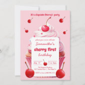ピンクファーストさくらんぼ&カップケーキバースデーパーティー 招待状 (正面)