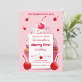 ピンクファーストさくらんぼ&カップケーキバースデーパーティー 招待状 (スタンド正面)
