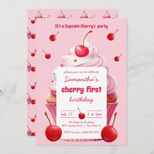 ピンクファーストさくらんぼ&カップケーキバースデーパーティー 招待状 (正面/裏面)