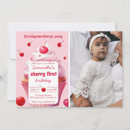 ピンクファーストさくらんぼ&カップケーキ誕生日パーティーフォト 招待状