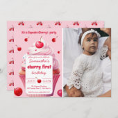 ピンクファーストさくらんぼ&カップケーキ誕生日パーティーフォト 招待状 (正面/裏面)