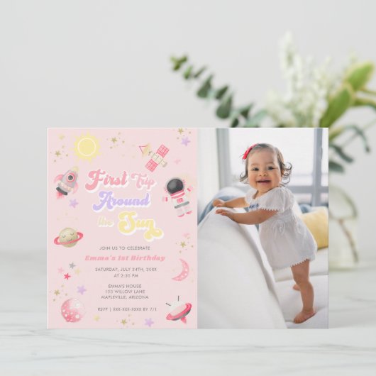 ピンクファーストのまわりにトリップザサンファースト誕生日 招待状 (スタンド正面)
