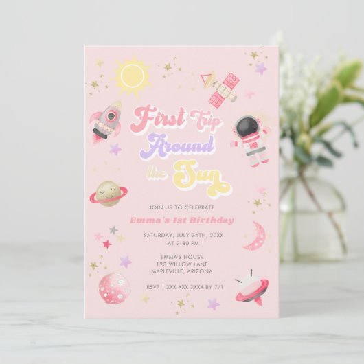 ピンクファーストのまわりにトリップザサンファースト誕生日 招待状 (スタンド正面)