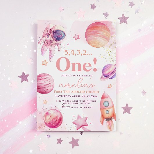 ピンクファーストのまわりにトリップザサン宇宙1st誕生日 招待状