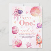 ピンクファーストのまわりにトリップザサン宇宙1st誕生日 招待状 (正面)