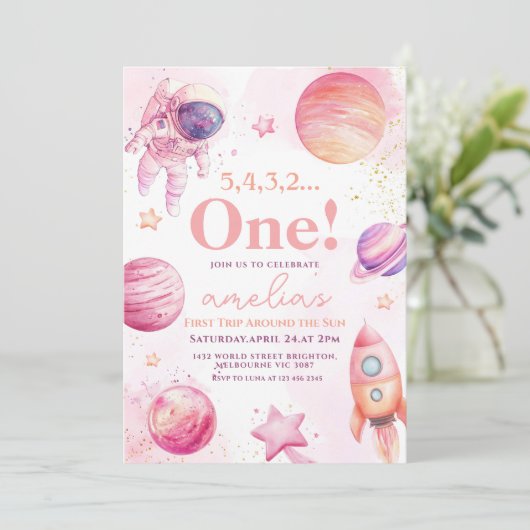 ピンクファーストのまわりにトリップザサン宇宙1st誕生日 招待状 (スタンド正面)