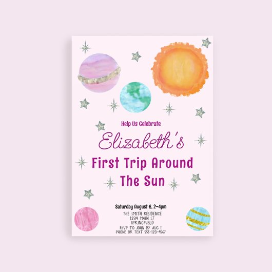 ピンクファーストのまわりにトリップザ・サンガール1st誕生日 招待状