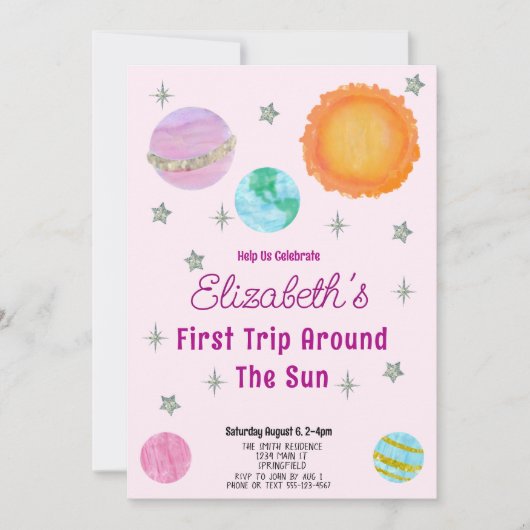 ピンクファーストのまわりにトリップザ・サンガール1st誕生日 招待状 (正面)