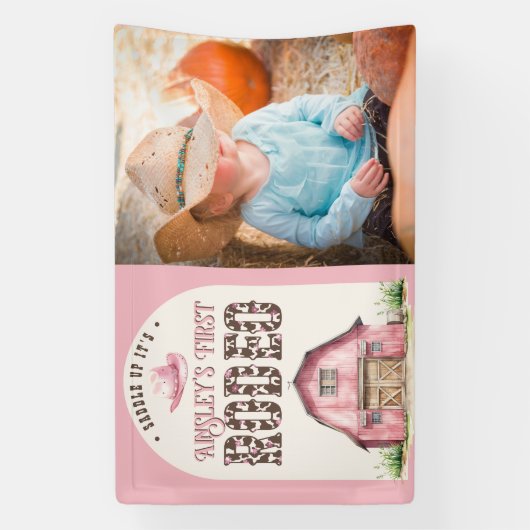 ピンクファーストカスタムロデオ女性のカーボーイ写真1st誕生日 横断幕 (縦)