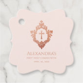 ピンクファーストコミュニオンガールエレガントバラ金ゴールドクレスト フェイバータグ (正面)