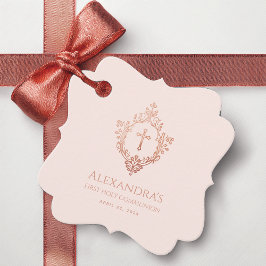 ピンクファーストコミュニオンガールエレガントバラ金ゴールドクレスト フェイバータグ