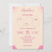 ピンクファーストブデイカスタム誕生日 招待状 (正面)