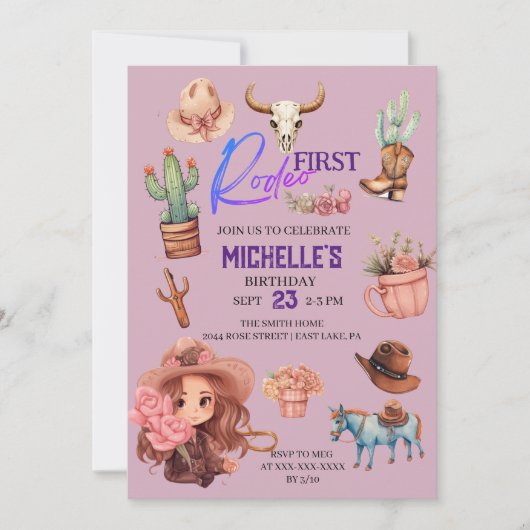 ピンクファーストロデオカウガールウェスタン誕生日パーティー 招待状 (正面)