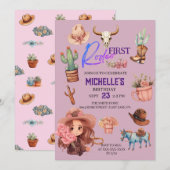 ピンクファーストロデオカウガールウェスタン誕生日パーティー 招待状 (正面/裏面)