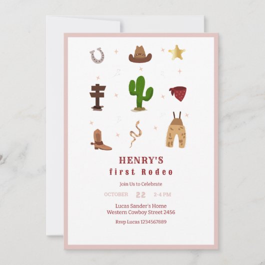 ピンクファーストロデオカウボーイ子供の誕生日招待状 招待状 (正面)