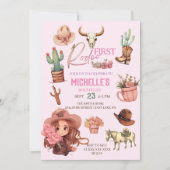 ピンクファーストロデオ女性のカーボーイウェスタンバースデーパーティー 招待状 (正面)