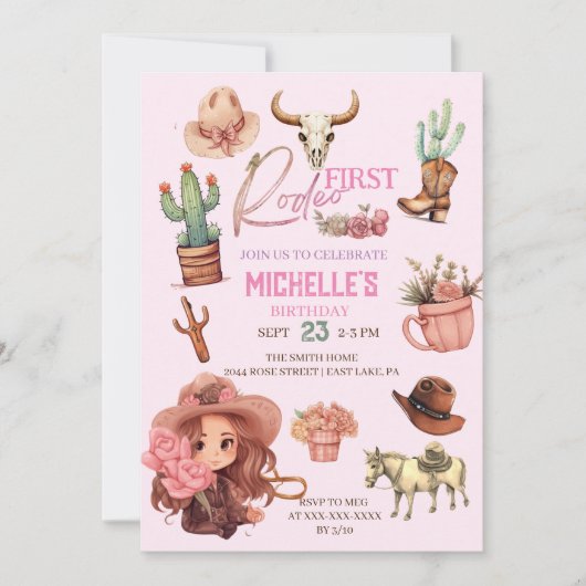 ピンクファーストロデオ女性のカーボーイウェスタンバースデーパーティー 招待状 (正面)