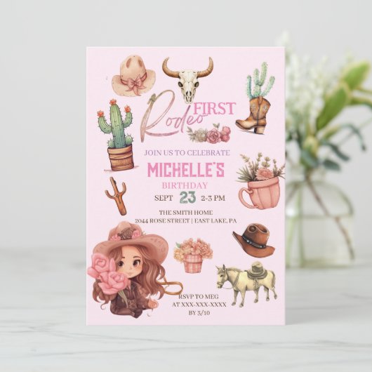 ピンクファーストロデオ女性のカーボーイウェスタンバースデーパーティー 招待状 (スタンド正面)