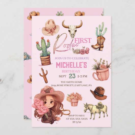 ピンクファーストロデオ女性のカーボーイウェスタンバースデーパーティー 招待状 (正面/裏面)