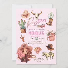 ピンクファーストロデオ女性のカーボーイウェスタンバースデーパーティー 招待状