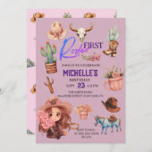 ピンクファーストロデオ女性のカーボーイウェスタンバースデーパーティー 招待状 (正面/裏面)