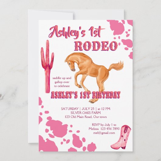 ピンクファーストロデオ女性のカーボーイ誕生日パーティーテンプレート 招待状 (正面)