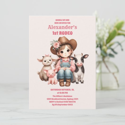 ピンクファーストロデオ女性のカーボーイ1st Birthday 招待状 (スタンド正面)