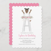 ピンクファースト誕生日ガールハイチェア 招待状 (正面/裏面)