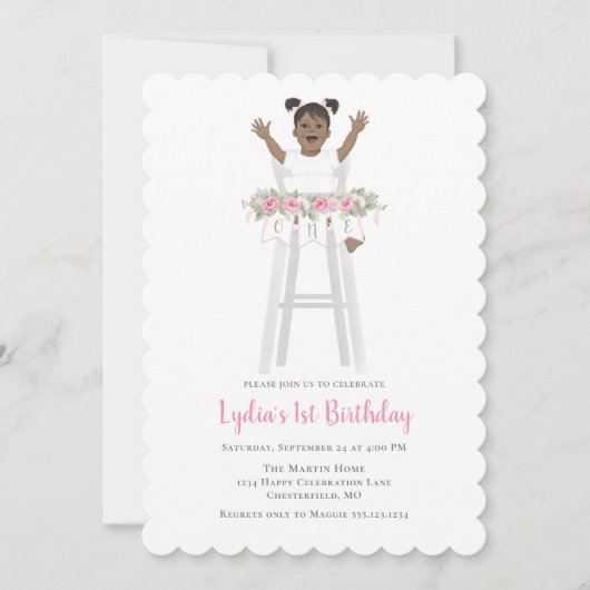 ピンクファースト誕生日ガールハイチェア 招待状 (正面)