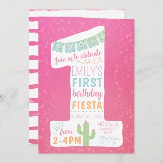 ピンクファースト誕生日フェスタパーティの招待状 招待状 (正面/裏面)