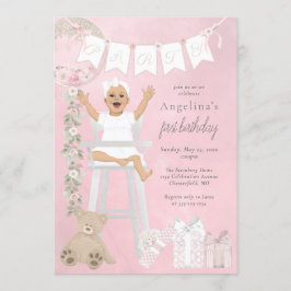 ピンクファースト誕生日ベビーガールインハイチェア 招待状