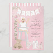 ピンクファースト誕生日ベビーガールインハイチェア 招待状 (正面/裏面)
